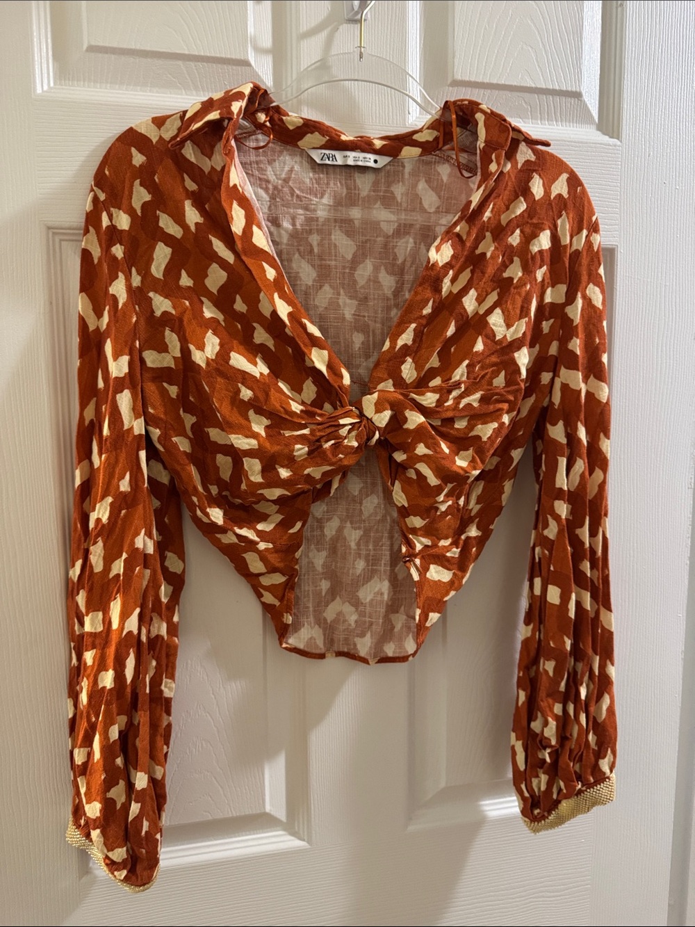Zara Rust & Cream Twist-Front Long Sleeve Blouse